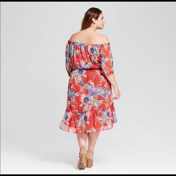 Tropical off the shoulder dress in red - Picture 2 of 8
